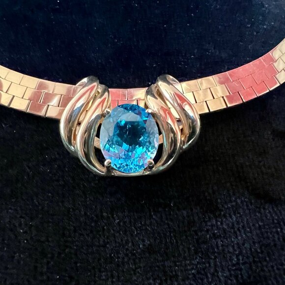 FINE JEWELRY!  Stunning Gold and Blue Topaz Omega Slide Charm Pendant - Picture 1 of 4